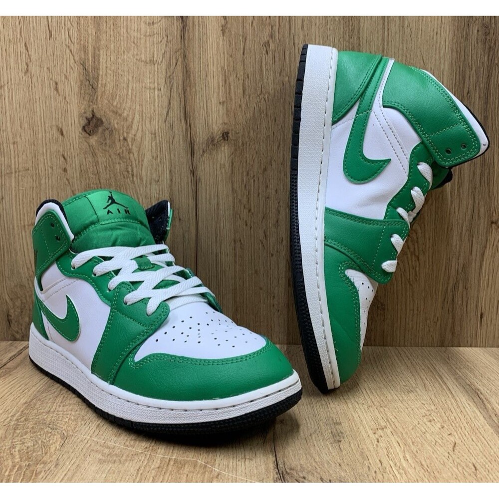 Jordan Air Jordan 1 Mid Kids Green/White/Black Leather Sneakers Shoes Size 7Y